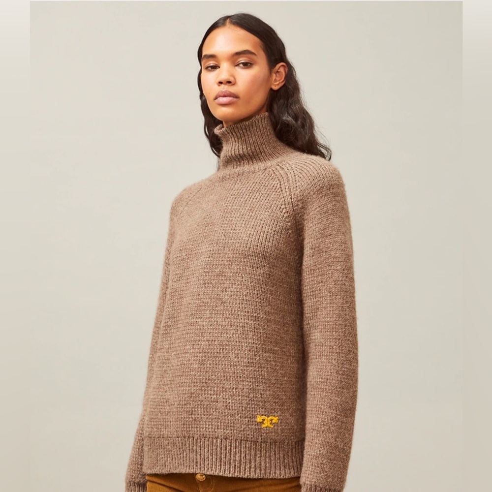 Tory Burch EUC 100% Wool Knit Turtleneck Sweater Size S Beige Brown